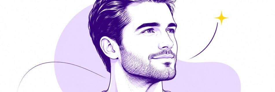 Illustration éditoriale DocteurCheveux sur le nombre de greffons pour un résultat optimal avec la technique CHOI, portrait trois-quarts d’un homme adulte aux cheveux bruns denses coiffés vers l’arrière, ligne frontale régulière, zones temporales visibles, barbe courte, regard dirigé vers le haut, tracés anatomiques fins violet profond #2B0A4A, ombrages violet clair #C9A8FF, formes abstraites derrière la tête, courbes décoratives suggérant progression et résultat capillaire, étoile jaune #FFE600 en accent, fond blanc, composition vectorielle semi-réaliste 16:9, septembre 2026