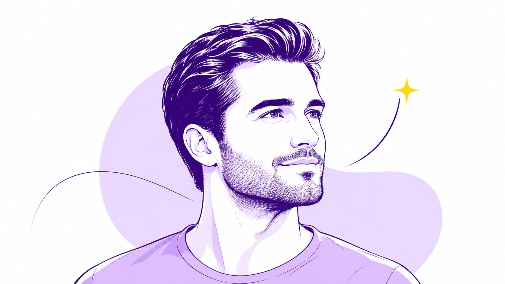 Illustration éditoriale DocteurCheveux sur le nombre de greffons pour un résultat optimal avec la technique CHOI, portrait trois-quarts d’un homme adulte aux cheveux bruns denses coiffés vers l’arrière, ligne frontale régulière, zones temporales visibles, barbe courte, regard dirigé vers le haut, tracés anatomiques fins violet profond #2B0A4A, ombrages violet clair #C9A8FF, formes abstraites derrière la tête, courbes décoratives suggérant progression et résultat capillaire, étoile jaune #FFE600 en accent, fond blanc, composition vectorielle semi-réaliste 16:9, septembre 2026