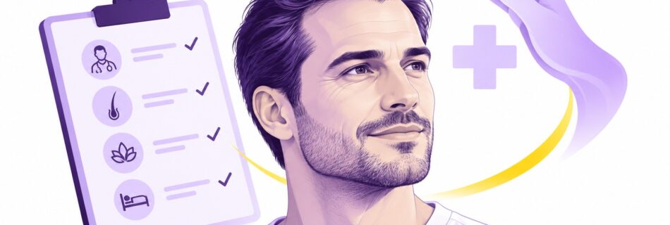 Illustration Maison Marignan prix greffe capillaire Choi, homme aux cheveux bruns au centre, main examinant la ligne capillaire, fiche de prise en charge avec pictogrammes médecin follicule soins suivi et coches de validation, croix médicale violette, arc jaune, fond blanc, palette violet profond violet clair jaune