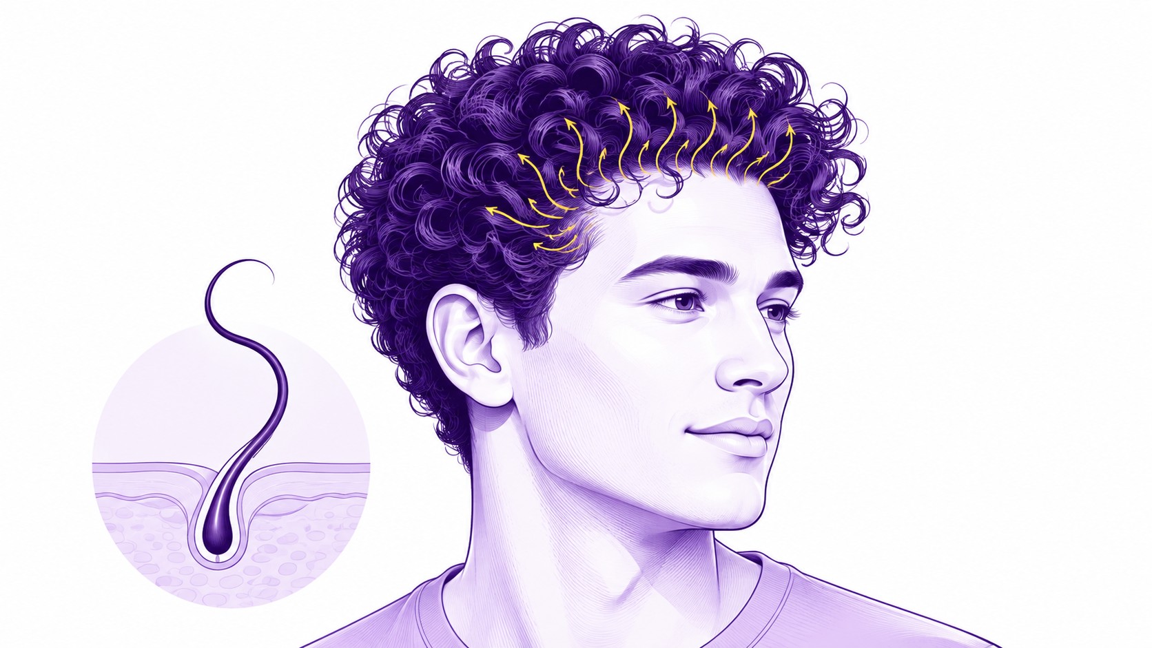 illustration éditoriale DocteurCheveux sur la greffe capillaire des cheveux bouclés par technique Choi, portrait masculin de trois quarts avec chevelure dense fortement bouclée violet profond, flèches jaunes suivant l’orientation naturelle des boucles sur la ligne frontale et les zones temporales, schéma circulaire à gauche montrant un follicule pileux incurvé sous le cuir chevelu avec tige capillaire courbe, palette blanc violet profond violet clair jaune, représentation pédagogique de la précision d’implantation et du respect de l’angle des follicules bouclés, 2026-09-03