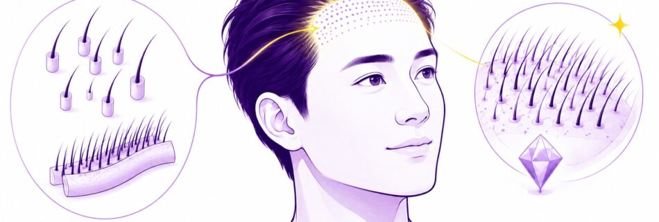 Illustration éditoriale de greffe capillaire, visage masculin stylisé de trois quarts avec ligne frontale et zone receveuse matérialisée par de nombreux points de greffons, à gauche unités folliculaires individuelles et bandelette de follicules évoquant les méthodes FUE et FUT, à droite implantation dense de cheveux avec élément violet facetté évoquant la lame saphir, tracés violet profond et violet clair sur fond blanc, accent jaune sur la ligne frontale, représentation pédagogique de la combinaison de la technique Choi avec FUE, FUT ou saphir