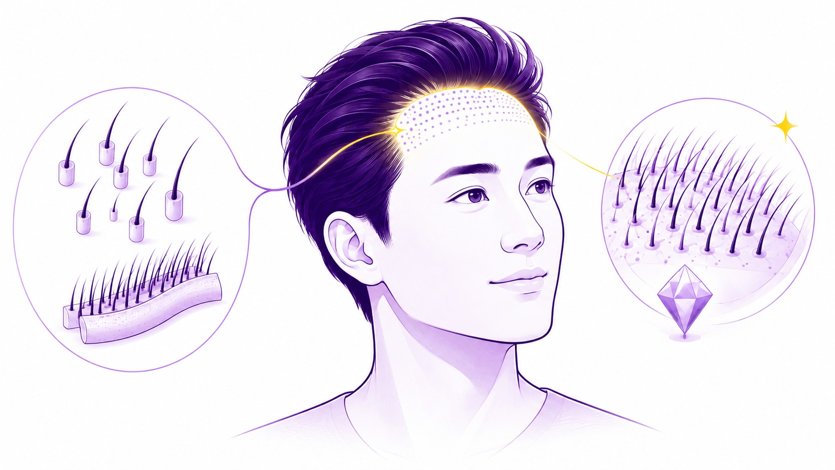 Illustration éditoriale de greffe capillaire, visage masculin stylisé de trois quarts avec ligne frontale et zone receveuse matérialisée par de nombreux points de greffons, à gauche unités folliculaires individuelles et bandelette de follicules évoquant les méthodes FUE et FUT, à droite implantation dense de cheveux avec élément violet facetté évoquant la lame saphir, tracés violet profond et violet clair sur fond blanc, accent jaune sur la ligne frontale, représentation pédagogique de la combinaison de la technique Choi avec FUE, FUT ou saphir