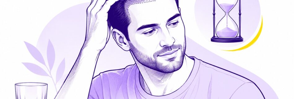Illustration éditoriale d’un homme après une greffe de cheveux, main posée sur la chevelure avec ligne frontale et zone d’implantation visibles, verre contenant de l’alcool à gauche et sablier à droite symbolisant le délai à respecter avant de recommencer à boire, palette violet foncé, violet clair et accent jaune sur fond blanc, 2026