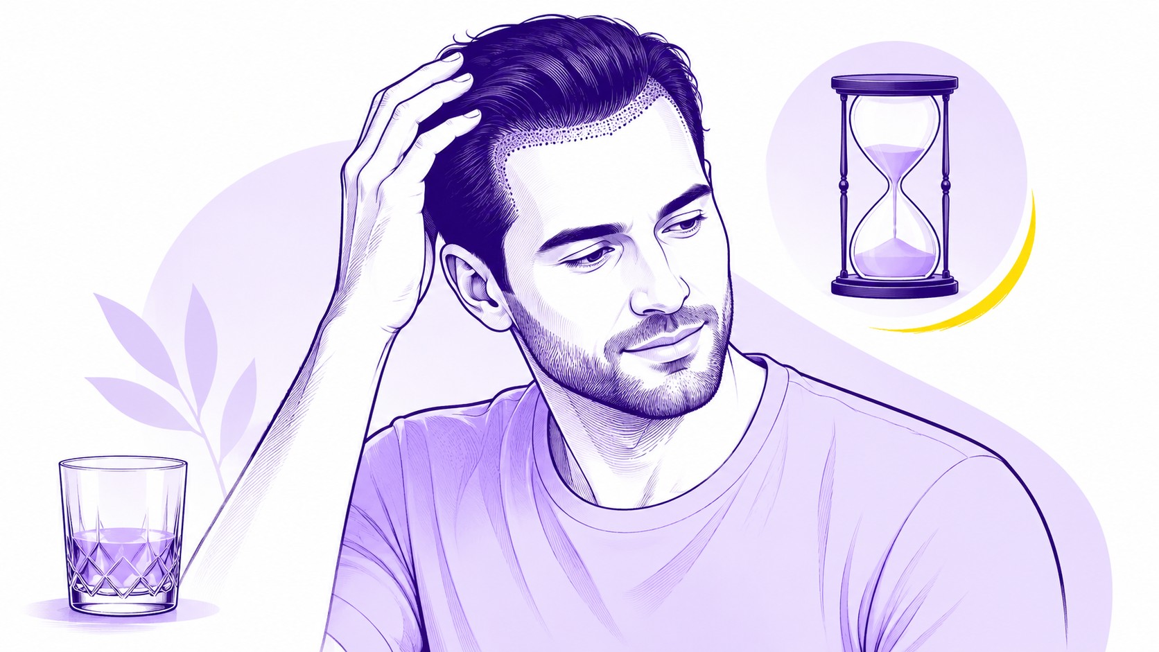 Illustration éditoriale d’un homme après une greffe de cheveux, main posée sur la chevelure avec ligne frontale et zone d’implantation visibles, verre contenant de l’alcool à gauche et sablier à droite symbolisant le délai à respecter avant de recommencer à boire, palette violet foncé, violet clair et accent jaune sur fond blanc, 2026