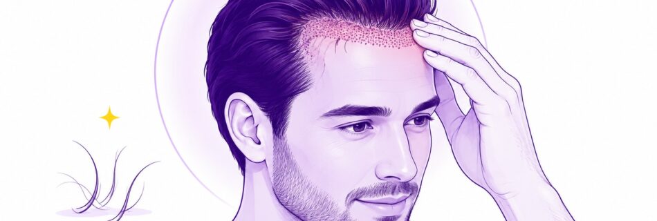 Illustration éditoriale médicale DocteurCheveux, homme adulte de trois quarts touchant délicatement la ligne frontale après greffe capillaire, zone implantée visible sur le haut du front avec nombreux petits points rosés évoquant rougeurs et croûtes post-opératoires, chevelure dense violette coiffée vers arrière, barbe courte, main droite posée contre le cuir chevelu, quelques cheveux détachés à gauche symbolisant chute temporaire ou shock loss, grand halo circulaire violet pâle en arrière-plan, petit accent jaune, fond blanc, palette violet foncé #2B0A4A et violet clair #C9A8FF, style vectoriel semi-réaliste médical, effets secondaires greffe de cheveux, 2026-09-03