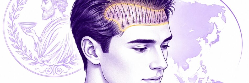 Illustration éditoriale de l’histoire et de l’origine de la greffe capillaire Choi, homme de profil avec coupe anatomique stylisée du cuir chevelu montrant l’implantation et l’orientation des follicules sur la ligne frontale, représentation historique en arrière-plan à gauche et carte de l’Asie à droite évoquant l’origine asiatique de la technique, tracés violet profond et violet clair sur fond blanc avec accent jaune autour de la zone greffée.