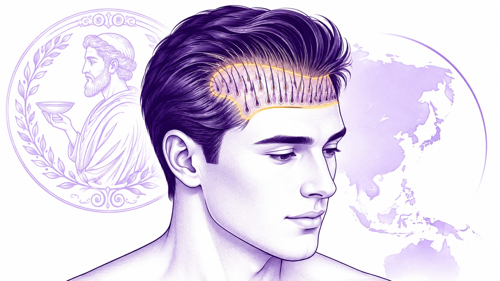 Illustration éditoriale de l’histoire et de l’origine de la greffe capillaire Choi, homme de profil avec coupe anatomique stylisée du cuir chevelu montrant l’implantation et l’orientation des follicules sur la ligne frontale, représentation historique en arrière-plan à gauche et carte de l’Asie à droite évoquant l’origine asiatique de la technique, tracés violet profond et violet clair sur fond blanc avec accent jaune autour de la zone greffée.