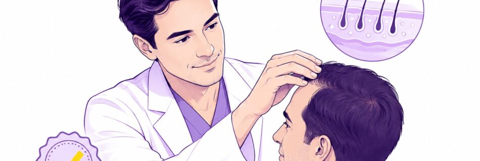 illustration éditoriale d’un médecin praticien CHOI en blouse blanche examinant manuellement la ligne frontale et la densité capillaire d’un patient assis de profil, avec agrandissement schématique de plusieurs follicules pileux implantés dans le cuir chevelu en haut à droite et badge de validation jaune en bas à gauche, palette violet profond et violet clair sur fond blanc, représentation du choix d’un médecin compétent pour une greffe capillaire CHOI_août 2026