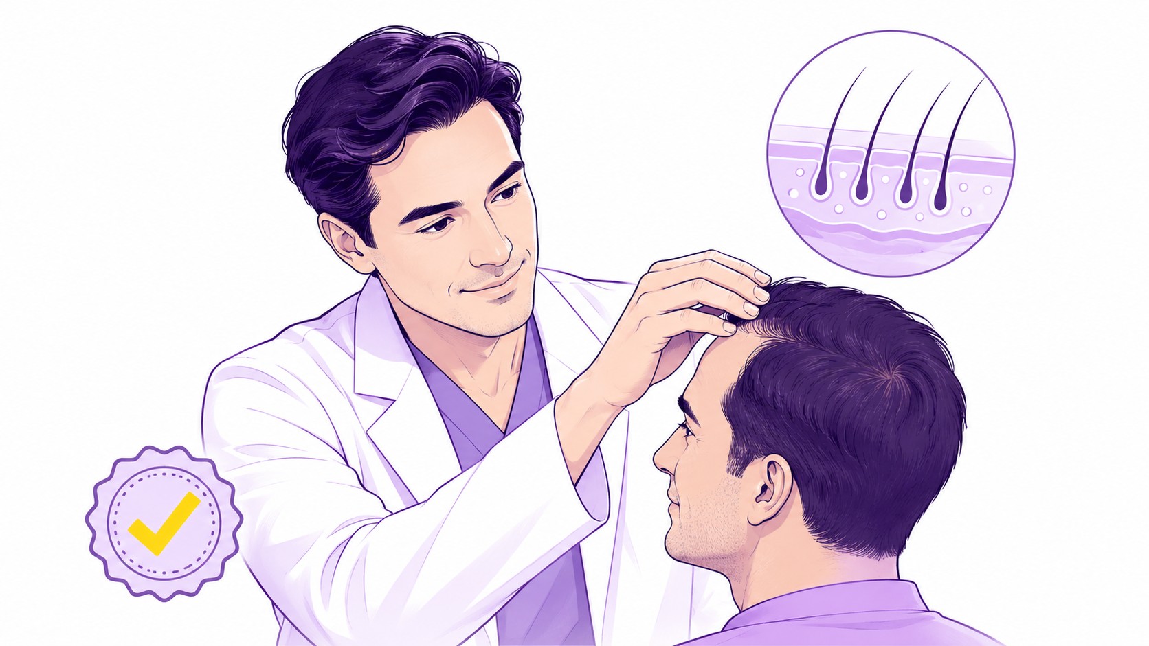 illustration éditoriale d’un médecin praticien CHOI en blouse blanche examinant manuellement la ligne frontale et la densité capillaire d’un patient assis de profil, avec agrandissement schématique de plusieurs follicules pileux implantés dans le cuir chevelu en haut à droite et badge de validation jaune en bas à gauche, palette violet profond et violet clair sur fond blanc, représentation du choix d’un médecin compétent pour une greffe capillaire CHOI_août 2026