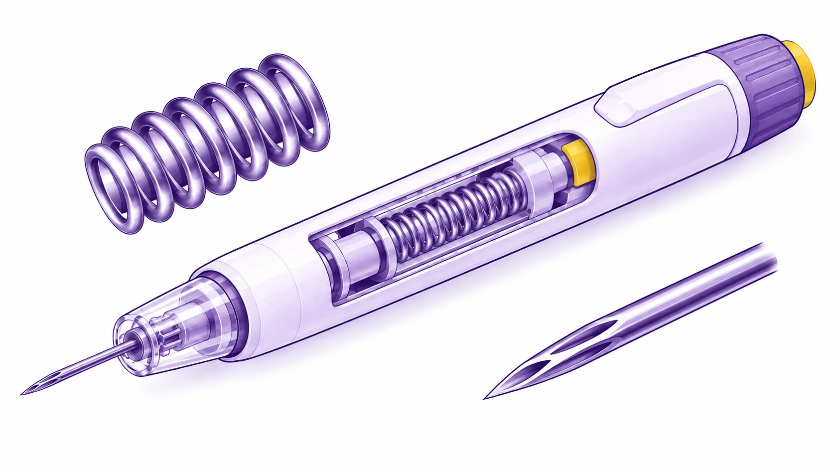 Illustration éditoriale technique d’un stylo injecteur CHOI en coupe, corps blanc et violet, mécanisme à ressort interne visible, embout d’injection avec aiguille fine, détail agrandi d’une aiguille creuse rainurée à ouverture latérale, ressort hélicoïdal séparé, accents jaunes, fond blanc, anatomie de l’outil utilisé pour l’implantation de greffons capillaires