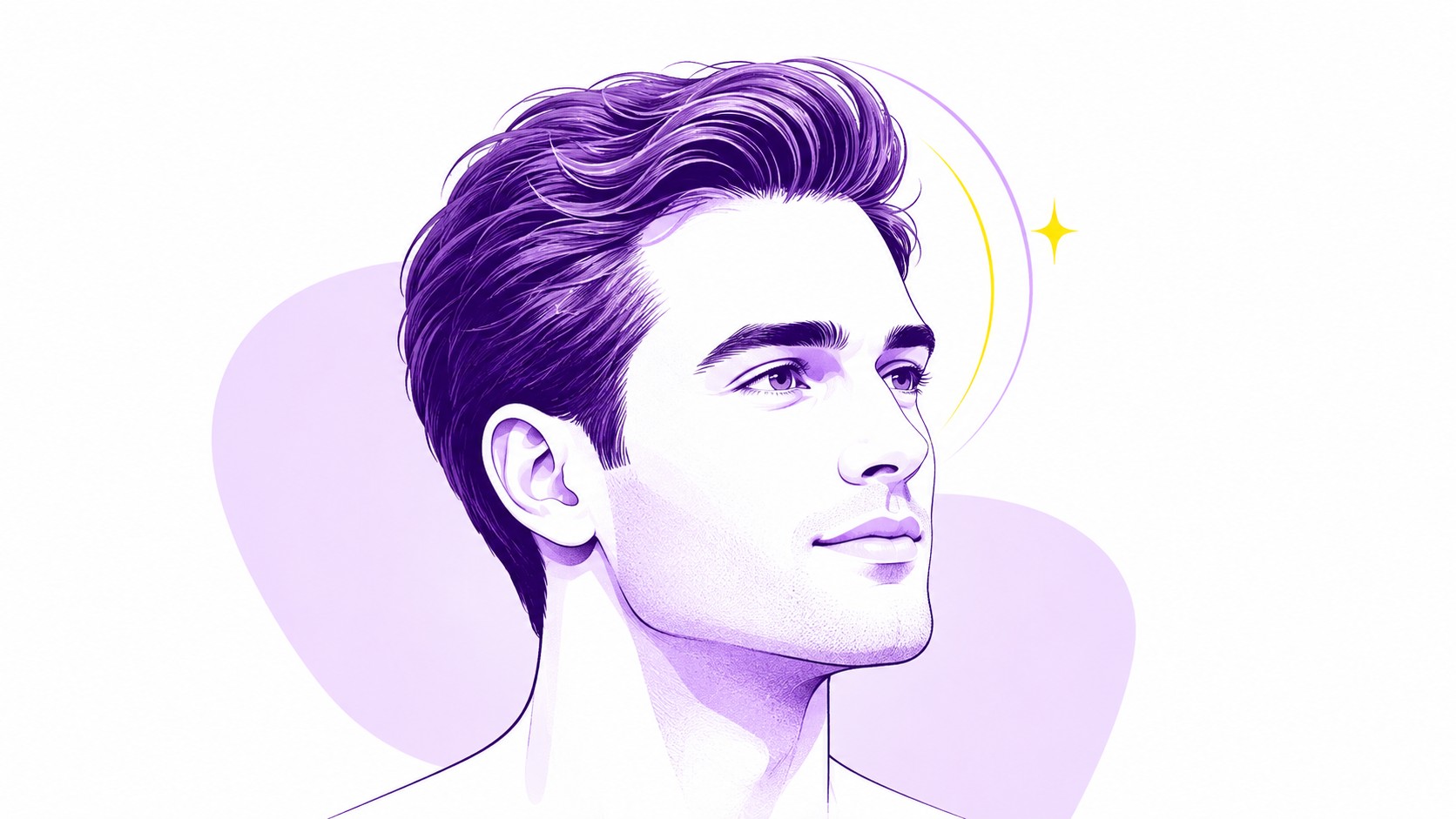 Illustration éditoriale semi-réaliste pour DocteurCheveux.fr, homme jeune vu de trois quarts, chevelure violette dense coiffée vers arrière, ligne frontale régulière et naturelle évoquant une greffe de cheveux invisible, implantation capillaire visuellement homogène au niveau des tempes et du front, visage masculin détaillé avec sourcils, yeux, nez, lèvres, mâchoire et légère barbe, contours anatomiques fins violet foncé #2B0A4A, ombrages et volumes violet clair #C9A8FF, formes organiques abstraites en arrière-plan, petit accent jaune #FFE600 en forme d’éclat près des cheveux, fond blanc #FFFFFF, composition horizontale 16:9, style magazine santé premium, septembre 2026