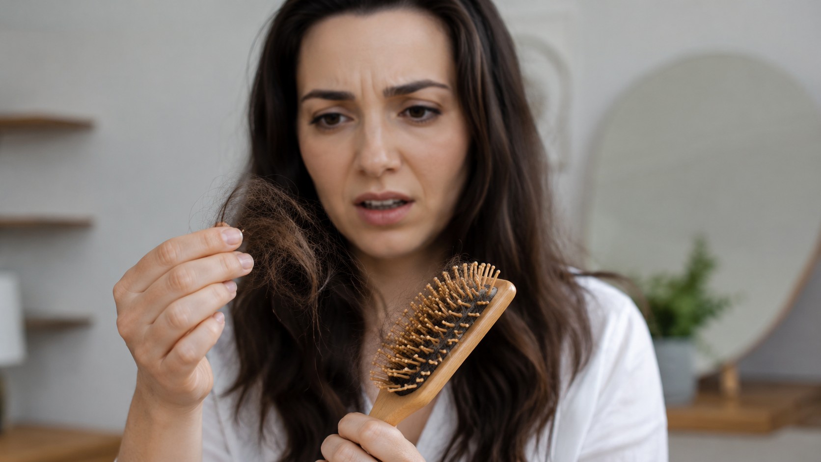 chute de cheveux femme, jeune femme inquiète tenant une brosse avec des cheveux tombés, perte capillaire visible, intérieur lumineux, 06 juillet 2026, format 16/9