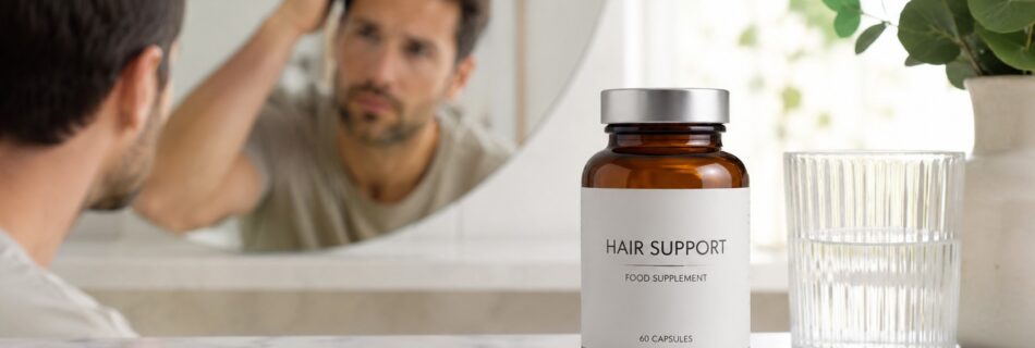 Complément alimentaire pour chute de cheveux avec flacon Hair Support, capsules sur plan de toilette, homme examinant ses cheveux dans le miroir, salle de bain lumineuse, 06 juillet 2026, format 16/9