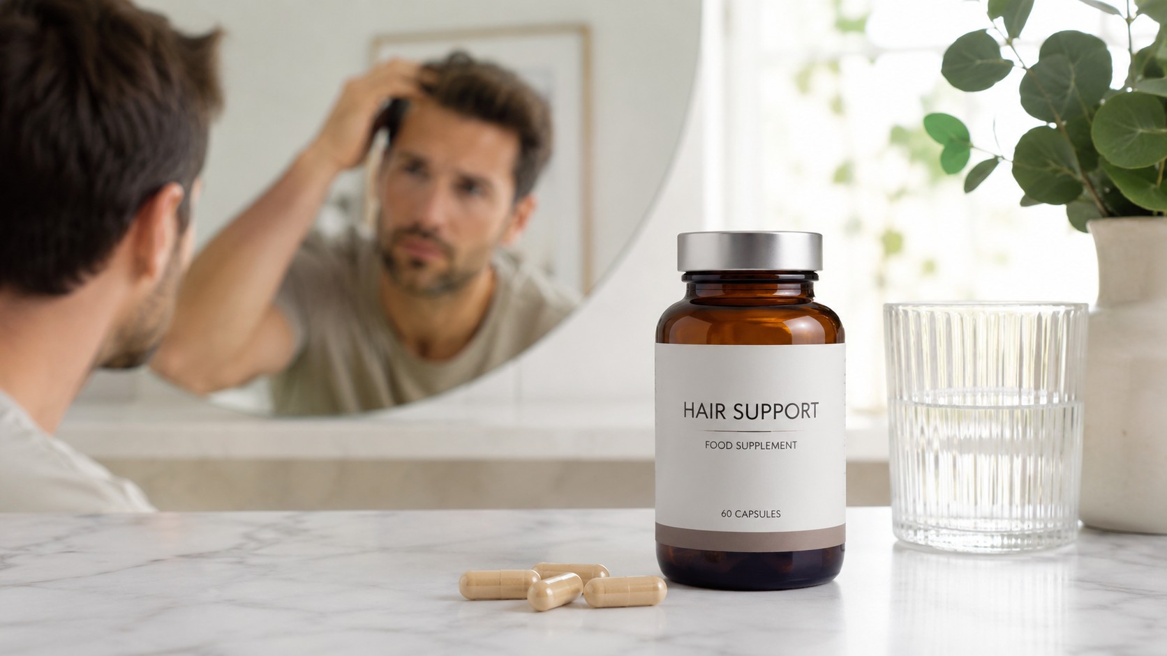 Complément alimentaire pour chute de cheveux avec flacon Hair Support, capsules sur plan de toilette, homme examinant ses cheveux dans le miroir, salle de bain lumineuse, 06 juillet 2026, format 16/9