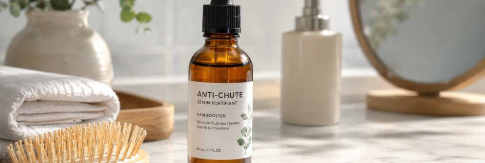 Sérum anti-chute cheveux en flacon compte-gouttes ambré posé sur un plan de salle de bain avec brosse en bois, serviette blanche, miroir et lumière naturelle, juillet 2026, format 16/9.