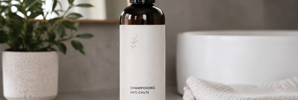 Shampoing anti-chute en flacon pompe premium posé sur un plan de salle de bain moderne avec serviette, peigne en bois, plante verte et lavabo en arrière-plan, lumière naturelle douce, rendu soin capillaire haut de gamme, 06 juillet 2026, format 16/9