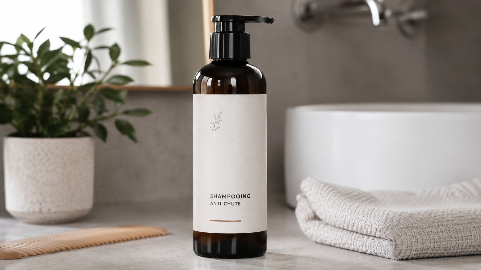Shampoing anti-chute en flacon pompe premium posé sur un plan de salle de bain moderne avec serviette, peigne en bois, plante verte et lavabo en arrière-plan, lumière naturelle douce, rendu soin capillaire haut de gamme, 06 juillet 2026, format 16/9