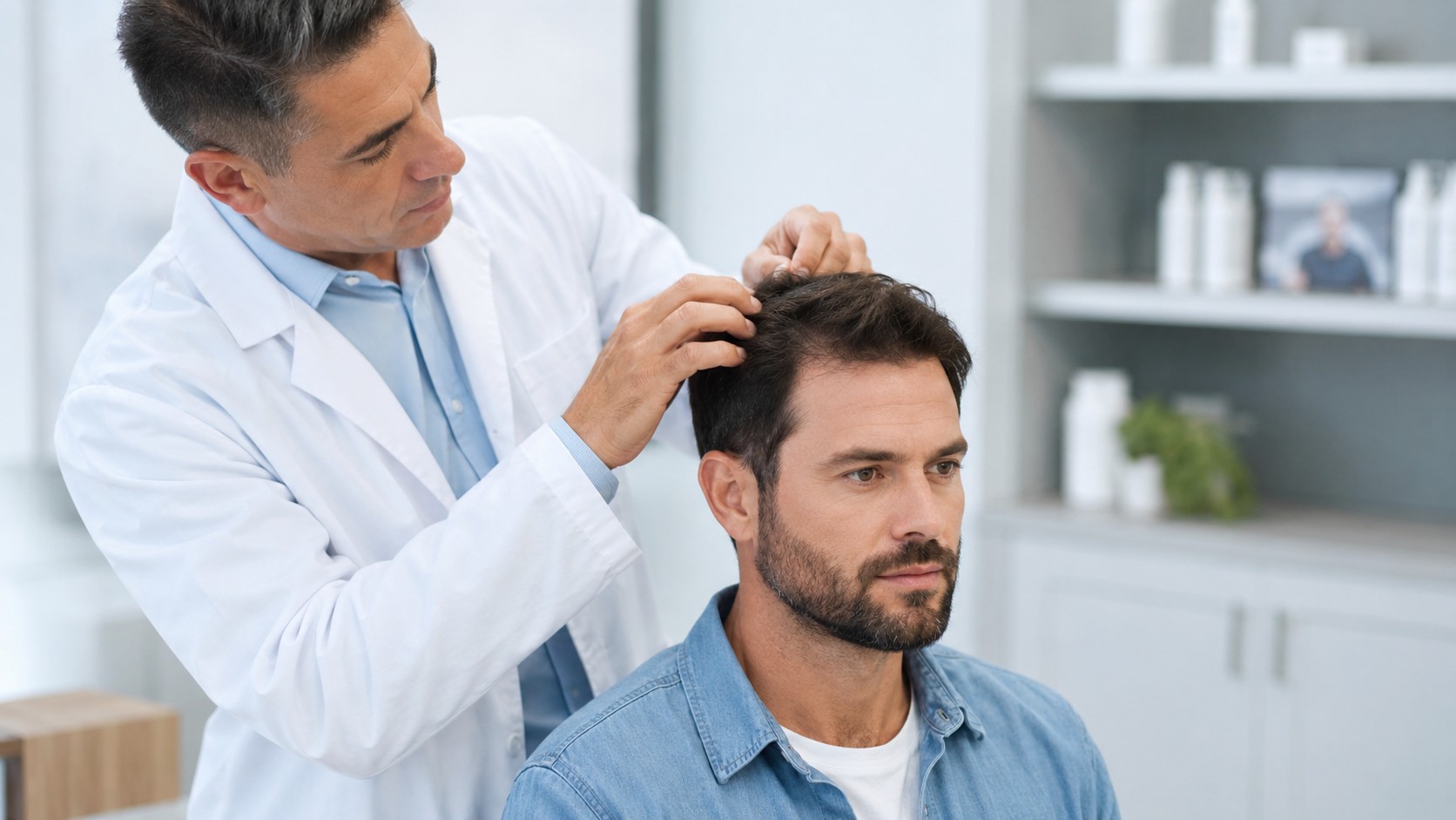 Consultation médicale pour évaluer une chute de cheveux avant une greffe