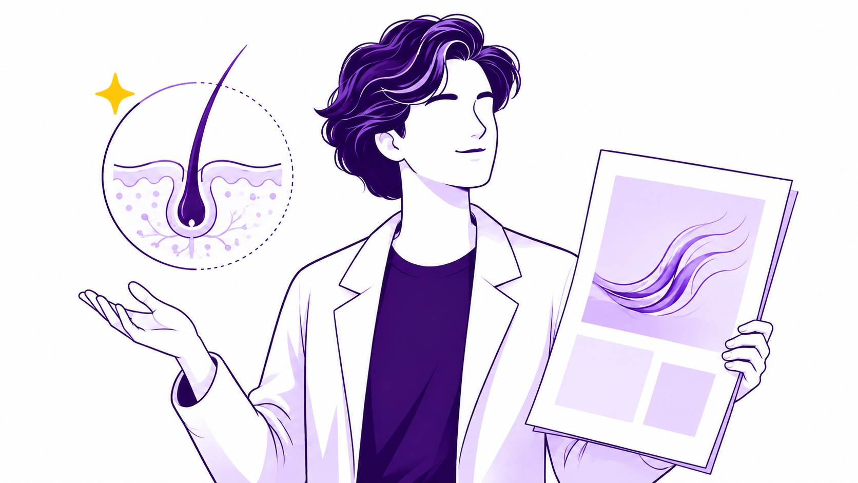Illustration éditoriale DocteurCheveux, expert aux cheveux violets présentant un support de média sur la santé capillaire, schéma agrandi d’un follicule pileux et structure du cuir chevelu à gauche, planche éditoriale avec représentation de mèches de cheveux à droite, palette violet profond et lavande sur fond blanc, accent jaune, style vectoriel semi-réaliste médical et pédagogique, format 16:9, 14 août 2026