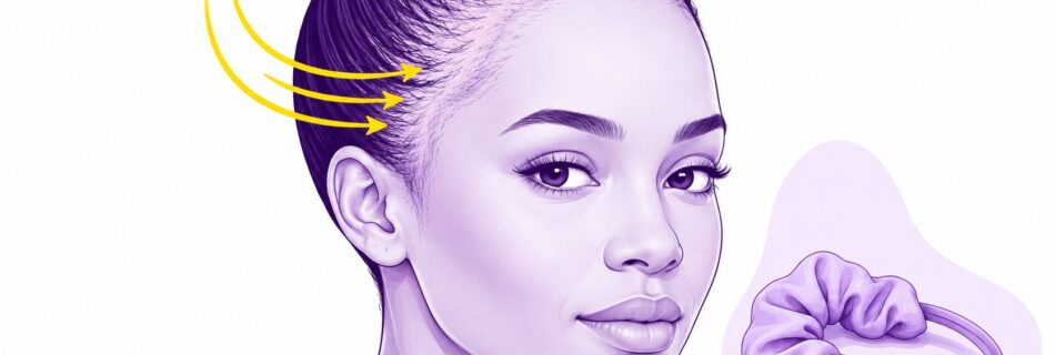Illustration éditoriale de l’alopécie de traction chez une femme portant un chignon tressé très serré, ligne frontale et tempes clairsemées avec cheveux fins et cassés, trois flèches jaunes indiquant la tension mécanique exercée vers l’arrière sur les follicules, élastique et chouchou représentés à droite comme facteurs de traction répétée, palette violet profond et violet clair sur fond blanc, DocteurCheveux, août 20