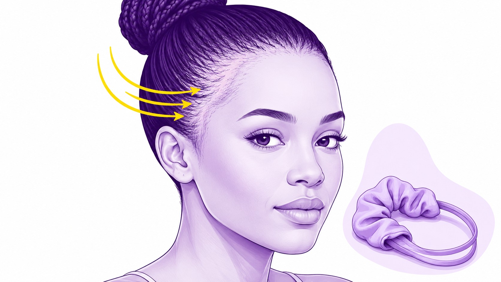 Illustration éditoriale de l’alopécie de traction chez une femme portant un chignon tressé très serré, ligne frontale et tempes clairsemées avec cheveux fins et cassés, trois flèches jaunes indiquant la tension mécanique exercée vers l’arrière sur les follicules, élastique et chouchou représentés à droite comme facteurs de traction répétée, palette violet profond et violet clair sur fond blanc, DocteurCheveux, août 20