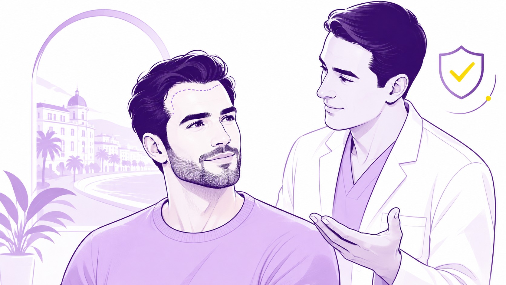illustration éditoriale consultation pour greffe de cheveux à Nice, homme brun barbu face à un médecin, ligne pointillée violette matérialisant le tracé de la future ligne frontale, échange médical avant intervention, décor méditerranéen avec palmiers et architecture niçoise en arrière-plan, pictogramme bouclier avec coche jaune symbolisant le choix sécurisé de la clinique, palette violet profond violet clair jaune sur fond blanc