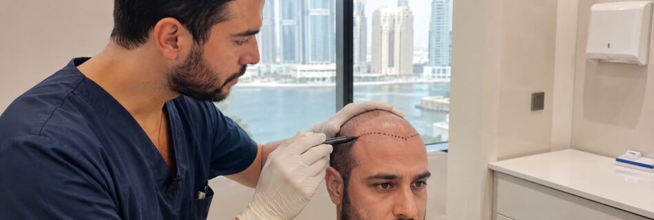 Consultation pour une greffe de cheveux à Dubaï avec praticien en tenue médicale traçant la future ligne frontale sur le cuir chevelu d’un patient dans une clinique moderne avec vue sur les gratte-ciel, 21 juillet 2026, format 16:9