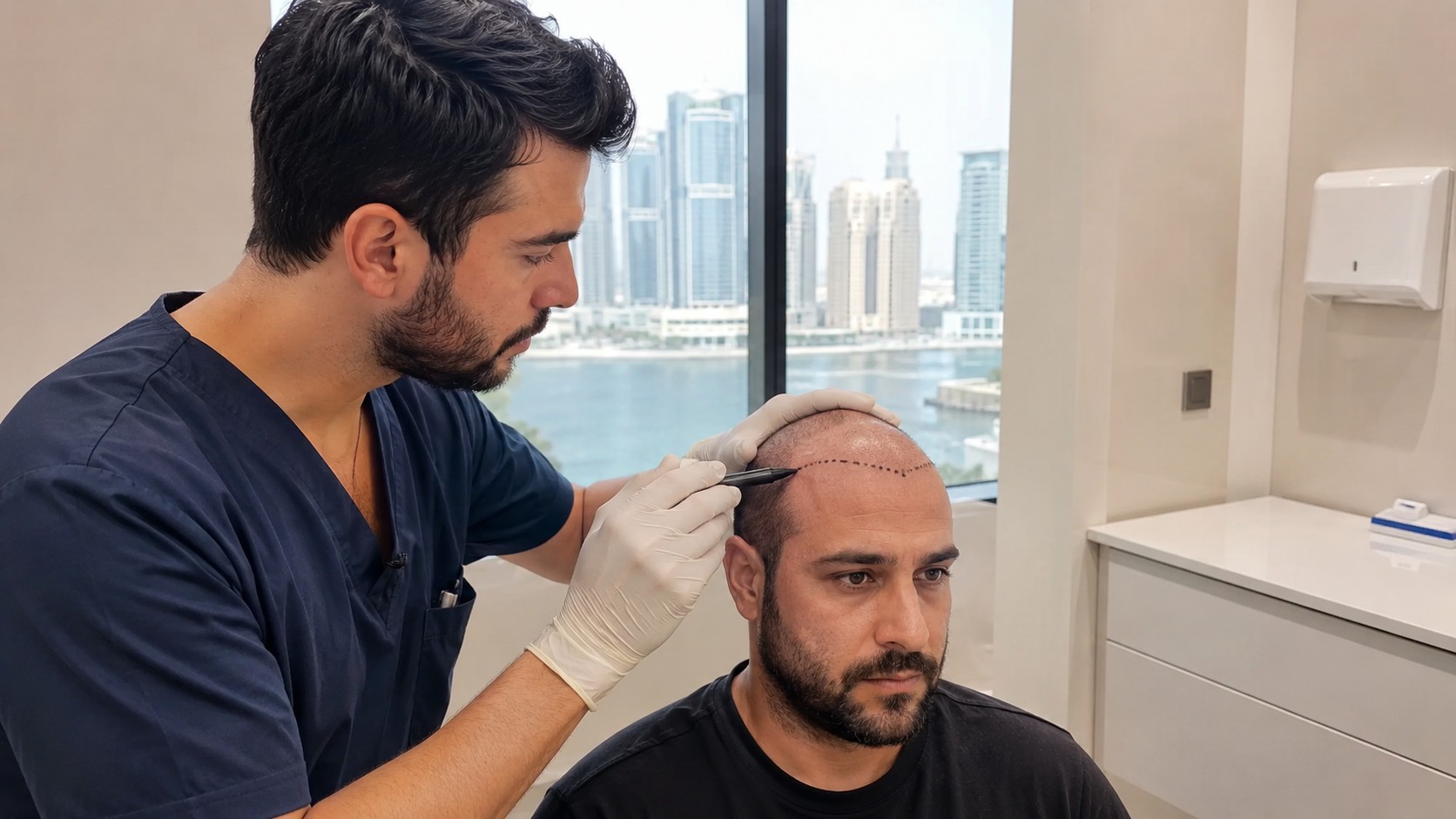 Consultation pour une greffe de cheveux à Dubaï avec praticien en tenue médicale traçant la future ligne frontale sur le cuir chevelu d’un patient dans une clinique moderne avec vue sur les gratte-ciel, 21 juillet 2026, format 16:9
