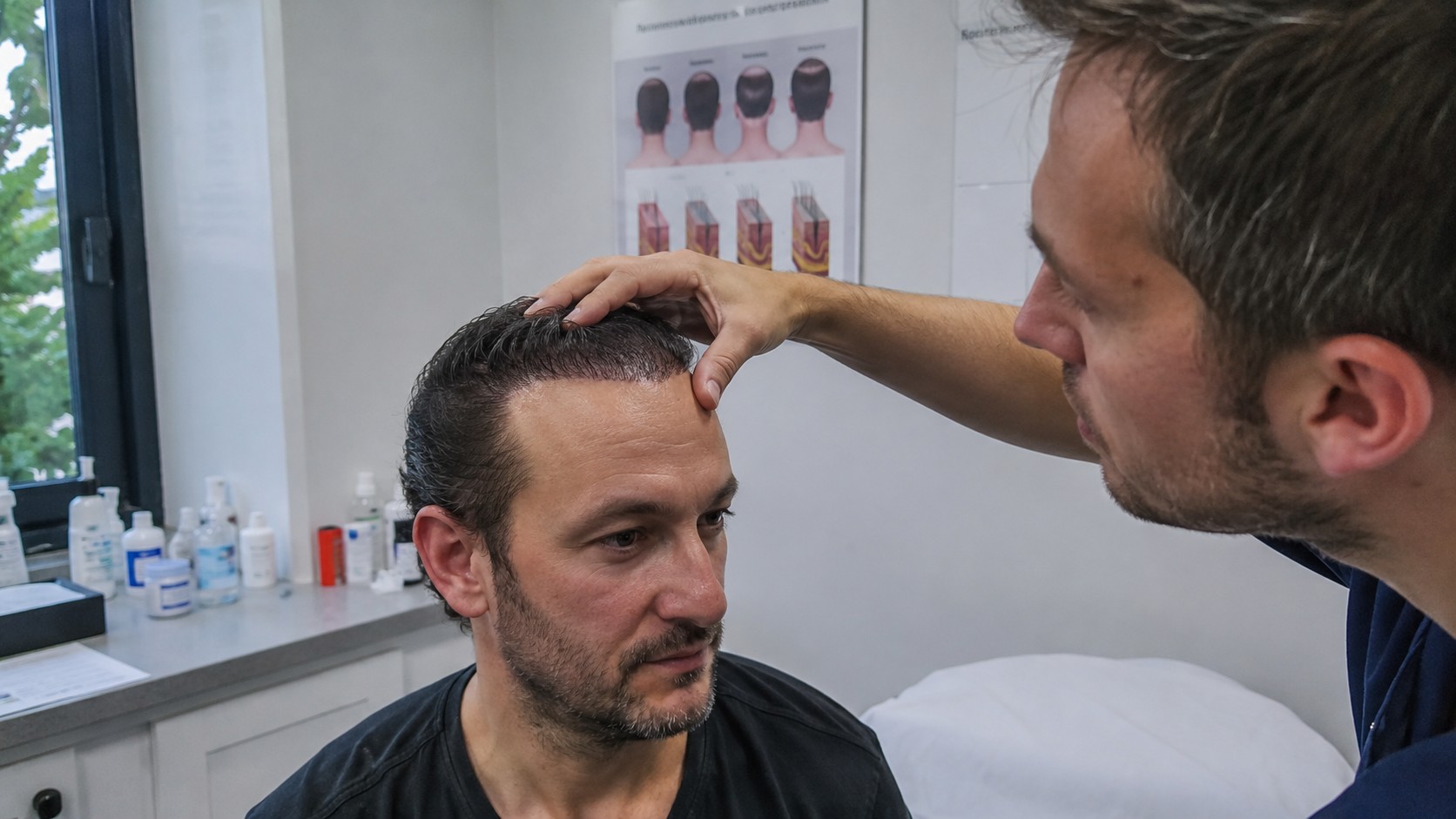 consultation en clinique capillaire avec un spécialiste examinant la ligne frontale et les cheveux colorés d’un patient après une greffe de cheveux, affiches médicales et produits de soin en arrière-plan, 21 juillet 2026, format 16:9