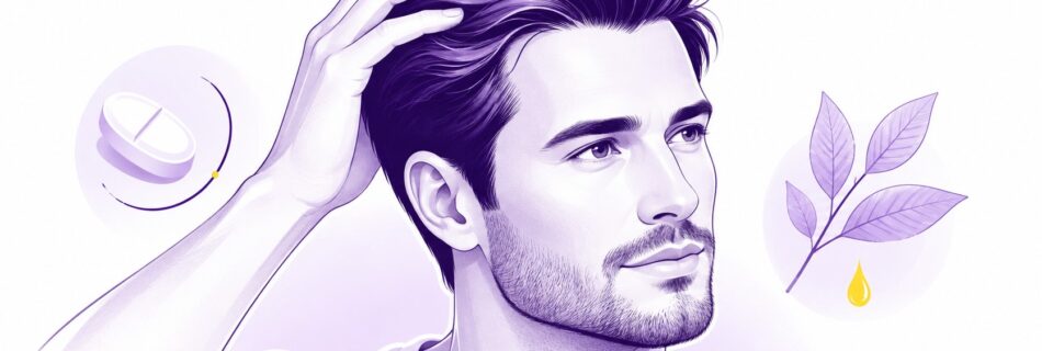 illustration_éditoriale_pelade_alopécie_areata_femme_cheveux_violets_deux_zones_rondes_sans_cheveux_sur_cuir_chevelu_vue_trois_quarts_schéma_follicules_pileux_en_coupe_arc_jaune_fond_blanc_2026