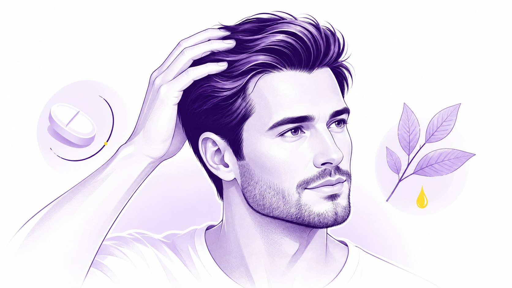 illustration_éditoriale_pelade_alopécie_areata_femme_cheveux_violets_deux_zones_rondes_sans_cheveux_sur_cuir_chevelu_vue_trois_quarts_schéma_follicules_pileux_en_coupe_arc_jaune_fond_blanc_2026
