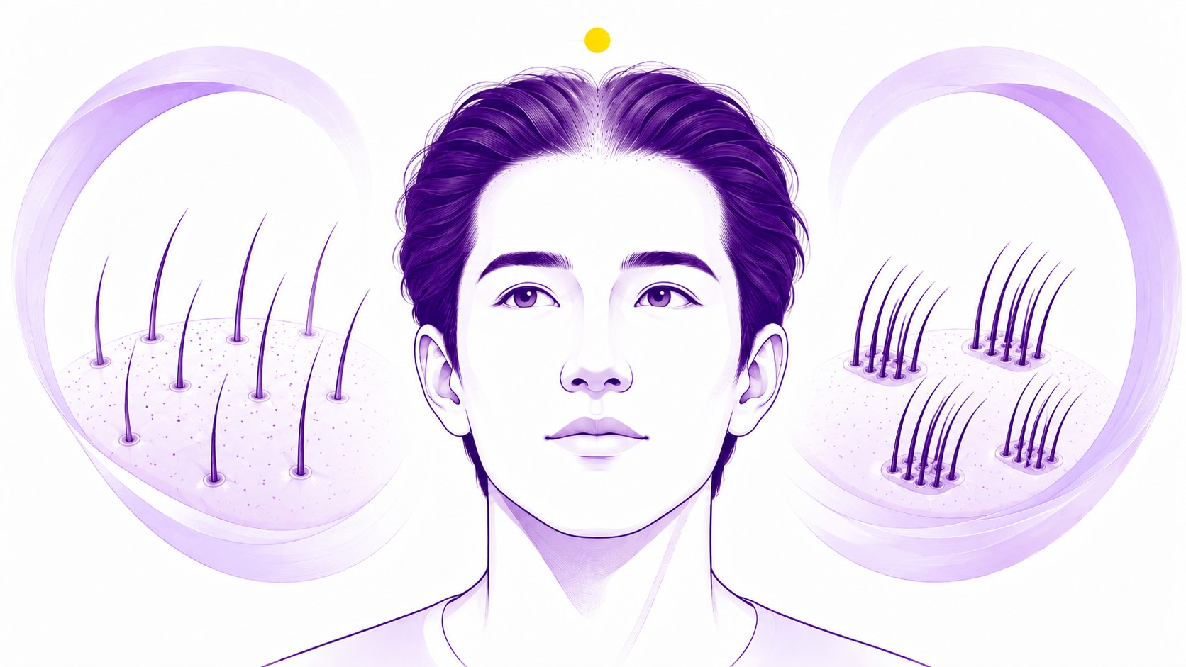 Illustration médicale comparant une greffe capillaire DHI et FUE en 2026, visage masculin stylisé de face au centre, cheveux violets avec ligne frontale visible, deux vues agrandies du cuir chevelu de chaque côté montrant à gauche des follicules pileux implantés individuellement et espacés et à droite plusieurs groupes de cheveux implantés dans des zones circulaires, tracés violet foncé et violet clair sur fond blanc avec petit accent jaune au-dessus de la tête