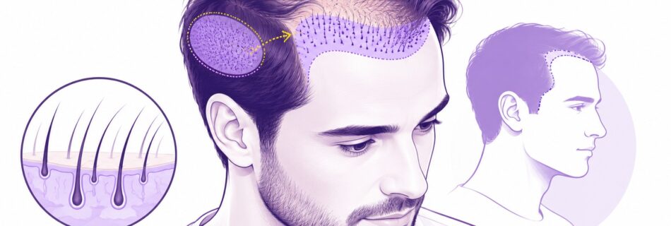 illustration_vectorielle_semi_realiste_greffe_cheveux_3000_greffons_homme_vue_trois_quarts_alopécie_frontale_zone_receveuse_violet_clair_points_implantation_follicules_zone_donneuse_temporale_transfert_greffons_flèche_jaune_coupe_anatomique_cuir_chevelu_follicules_pileux_profil_ligne_capillaire_palette_violet_blanc_jaune_16_9