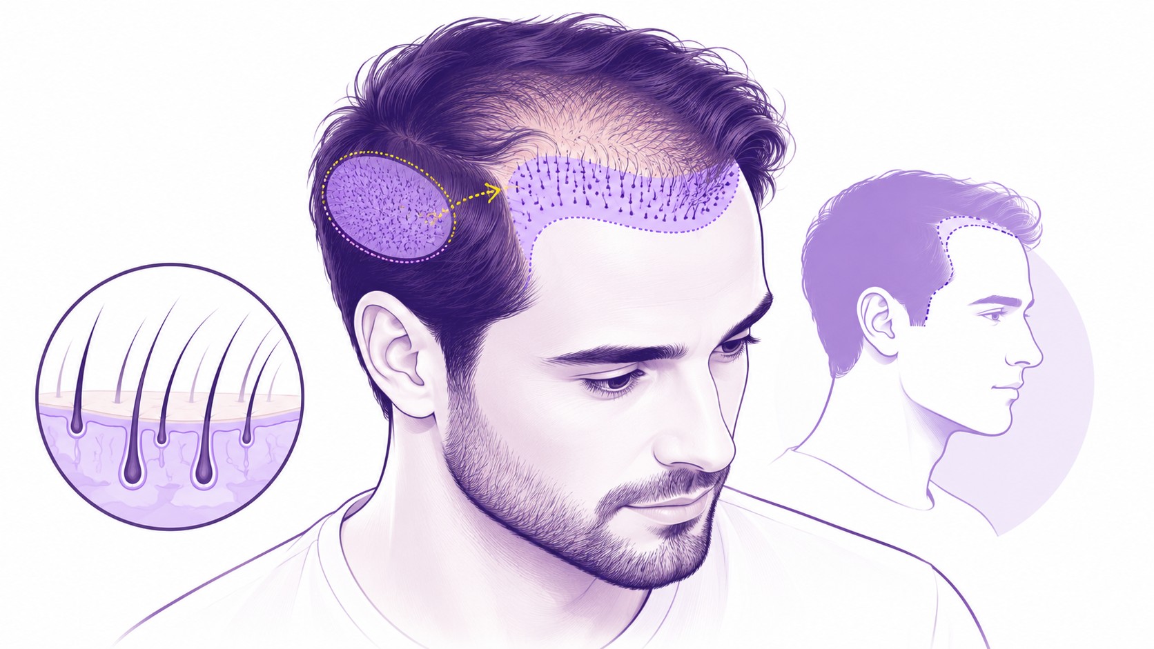 illustration_vectorielle_semi_realiste_greffe_cheveux_3000_greffons_homme_vue_trois_quarts_alopécie_frontale_zone_receveuse_violet_clair_points_implantation_follicules_zone_donneuse_temporale_transfert_greffons_flèche_jaune_coupe_anatomique_cuir_chevelu_follicules_pileux_profil_ligne_capillaire_palette_violet_blanc_jaune_16_9