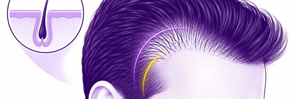 illustration_vectorielle_semi_realiste_greffe_cheveux_DHI_homme_vue_trois_quarts_tete_inclinee_cheveux_violet_fonces_coiffes_en_arriere_ligne_frontale_garnie_de_cheveux_fins_implantes_points_folliculaires_visibles_zone_temporale_mise_en_evidence_arc_violet_et_jaune_schema_circulaire_en_coupe_d_un_follicule_capillaire_avec_tige_racine_bulbe_et_couches_du_cuir_chevelu_palette_blanc_violet_profond_violet_clair_accent_jaune_format_16_9_12