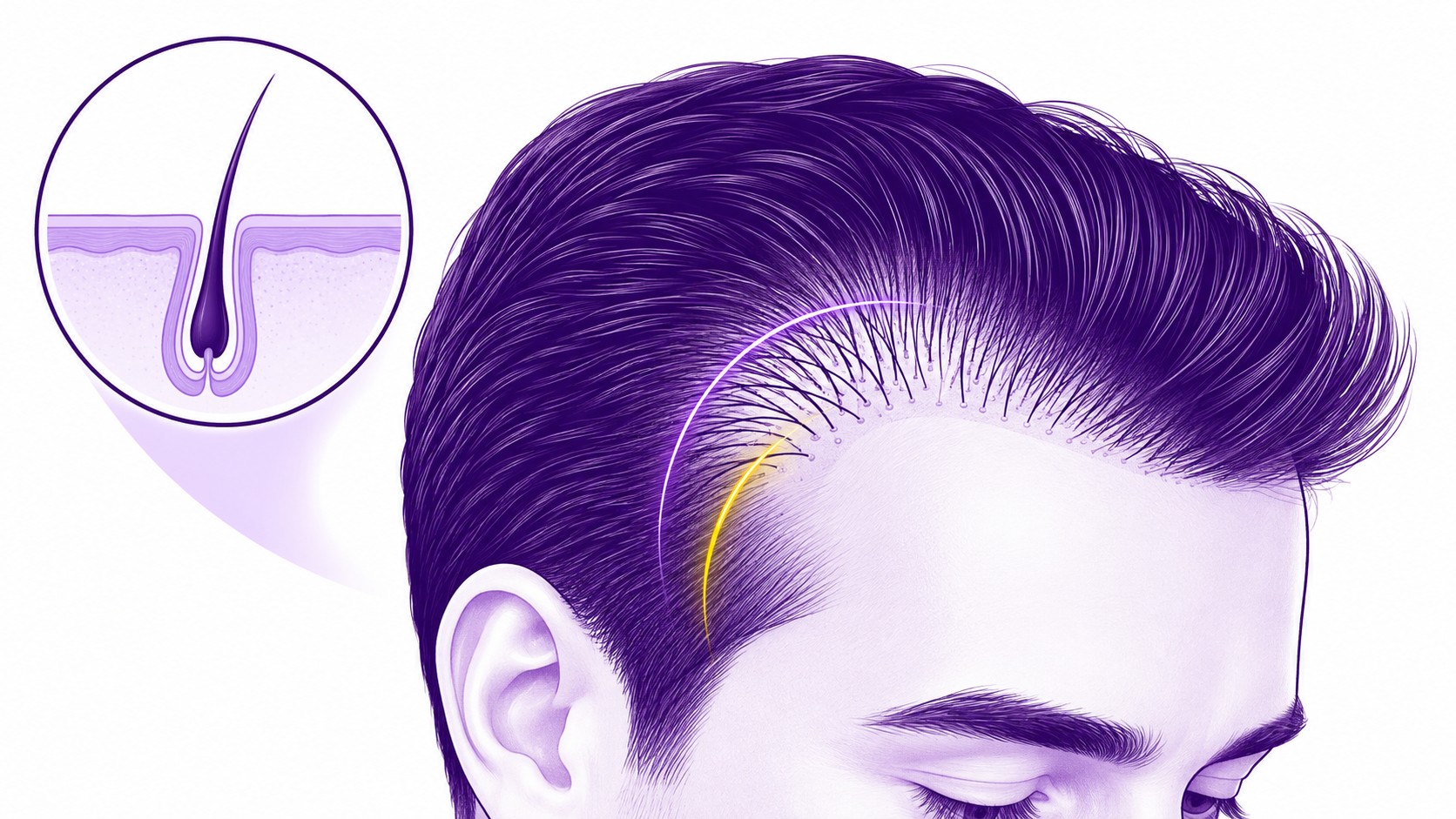 illustration_vectorielle_semi_realiste_greffe_cheveux_DHI_homme_vue_trois_quarts_tete_inclinee_cheveux_violet_fonces_coiffes_en_arriere_ligne_frontale_garnie_de_cheveux_fins_implantes_points_folliculaires_visibles_zone_temporale_mise_en_evidence_arc_violet_et_jaune_schema_circulaire_en_coupe_d_un_follicule_capillaire_avec_tige_racine_bulbe_et_couches_du_cuir_chevelu_palette_blanc_violet_profond_violet_clair_accent_jaune_format_16_9_12