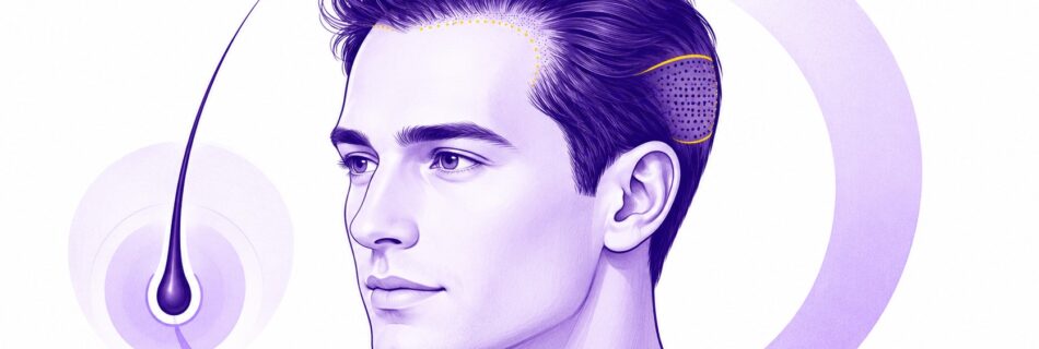 Illustration éditoriale semi-réaliste d’une greffe de cheveux FUE, homme de trois quarts avec chevelure dense violet foncé, ligne frontale matérialisée par des points jaunes, zone donneuse latérale du cuir chevelu représentée par une surface pointillée, follicule pileux agrandi à gauche, contours anatomiques fins, dégradés violet clair, formes circulaires en arrière-plan, fond blanc, palette violet profond et jaune vif, sans instrument chirurgical ni texte