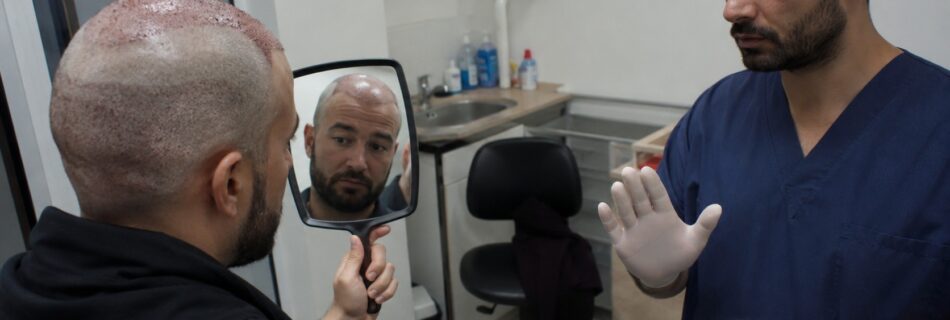 patient examinant dans un miroir les greffons et rougeurs du cuir chevelu après une greffe de cheveux, médecin en blouse bleue et gants expliquant les interdictions post-opératoires dans une salle de consultation clinique, vue grand-angle documentaire Panasonic GH4, 1er août 2026