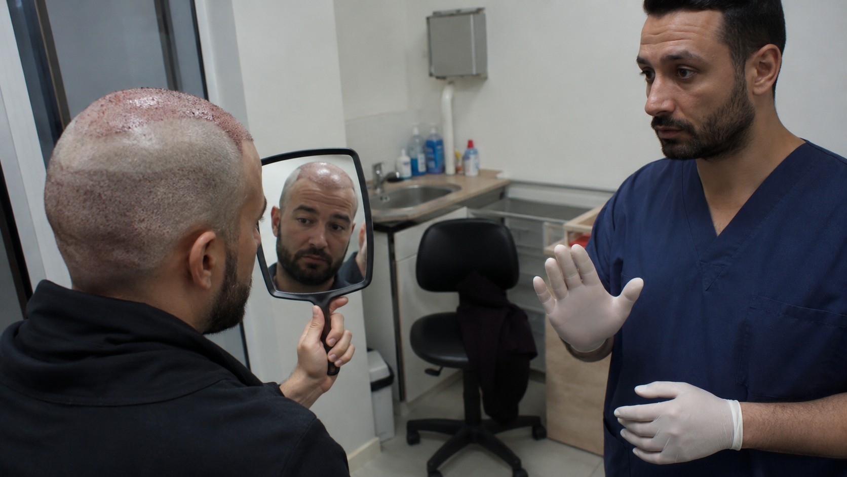 patient examinant dans un miroir les greffons et rougeurs du cuir chevelu après une greffe de cheveux, médecin en blouse bleue et gants expliquant les interdictions post-opératoires dans une salle de consultation clinique, vue grand-angle documentaire Panasonic GH4, 1er août 2026