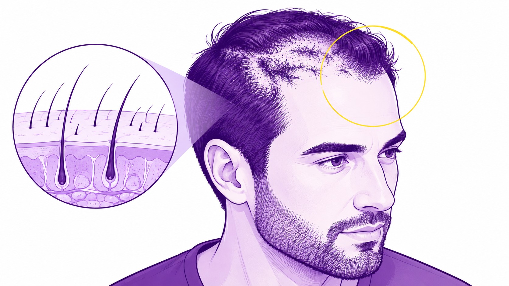 Illustration éditoriale semi-réaliste d’un homme de trois quarts présentant une ligne frontale irrégulière après greffe de cheveux, densité capillaire inégale et zones clairsemées au niveau du front et des tempes, cercle jaune mettant en évidence la zone concernée, agrandissement technique à gauche montrant une coupe du cuir chevelu avec cheveux, follicules pileux et différentes profondeurs d’implantation, tracés violet profond et violet clair sur fond blanc.