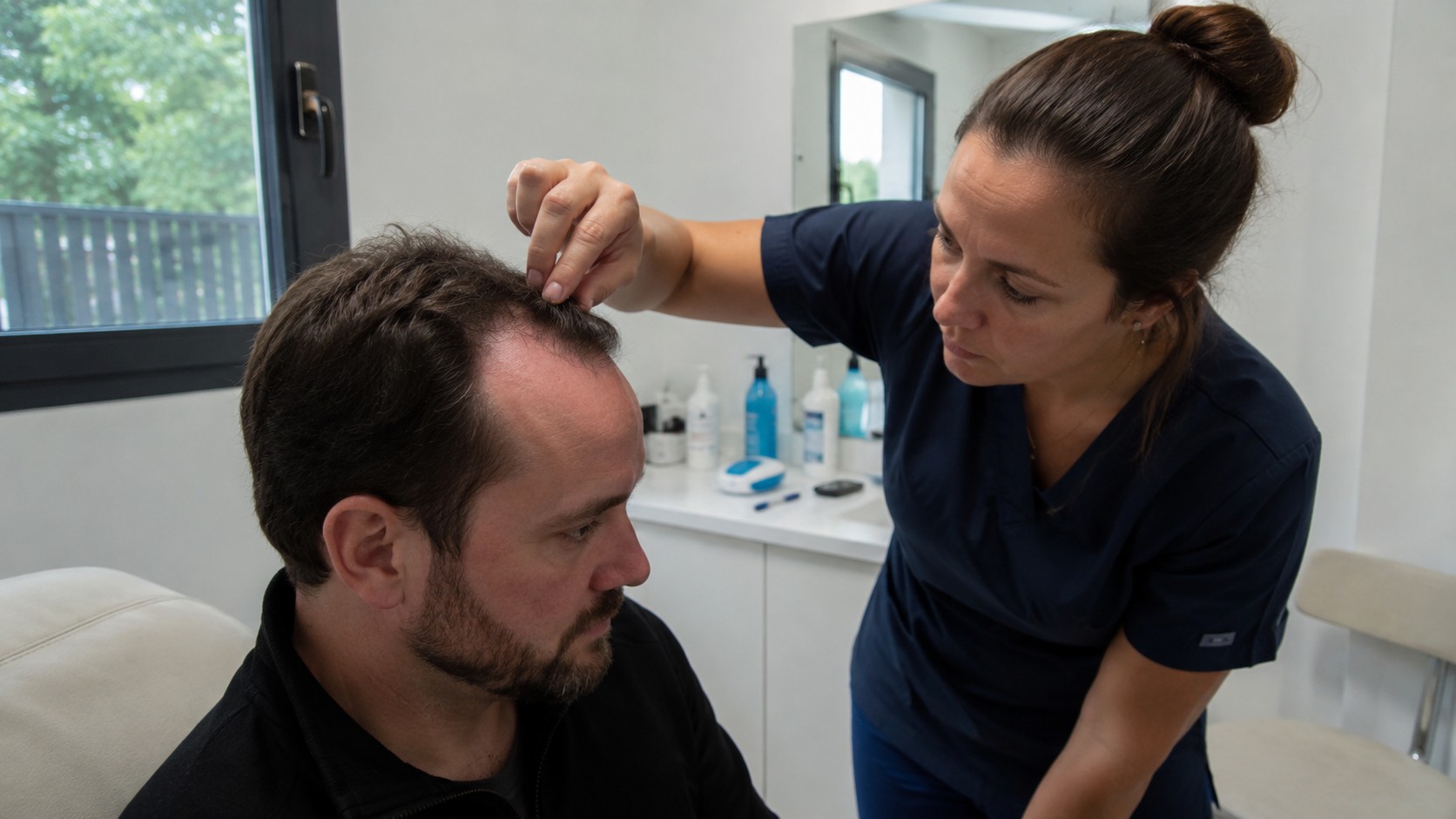 spécialiste examinant la densité et la ligne frontale d’un patient avant une greffe capillaire