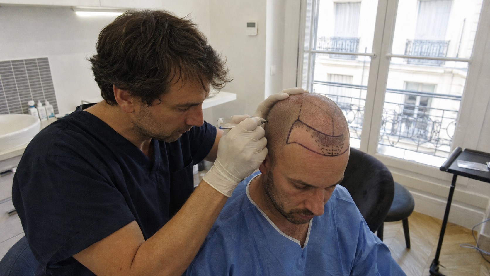 Préparation de la ligne frontale en consultation avant une greffe FUE Marquage de la ligne frontale avant une greffe de cheveux en France