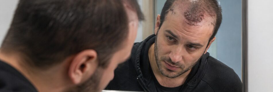 Homme observant dans un miroir une greffe de cheveux ratée avec ligne frontale irrégulière, zones clairsemées, rougeurs et croûtes visibles sur le cuir chevelu après implantation capillaire, photographie documentaire réaliste en intérieur prise au Canon EOS R6 en 2026