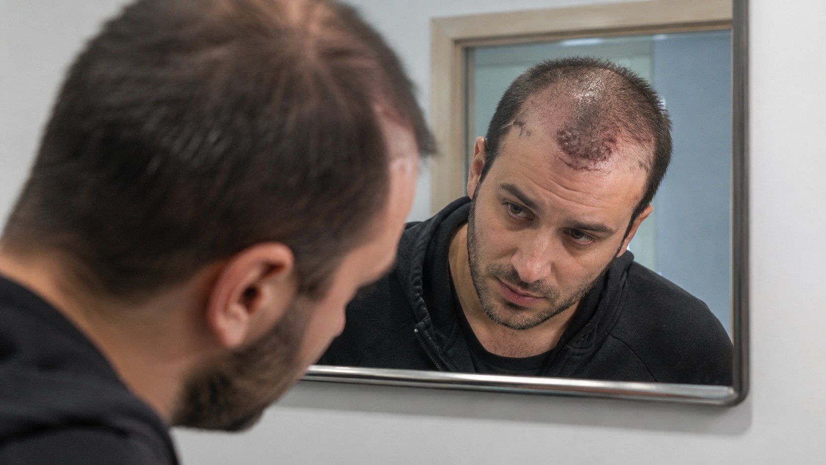 Homme observant dans un miroir une greffe de cheveux ratée avec ligne frontale irrégulière, zones clairsemées, rougeurs et croûtes visibles sur le cuir chevelu après implantation capillaire, photographie documentaire réaliste en intérieur prise au Canon EOS R6 en 2026