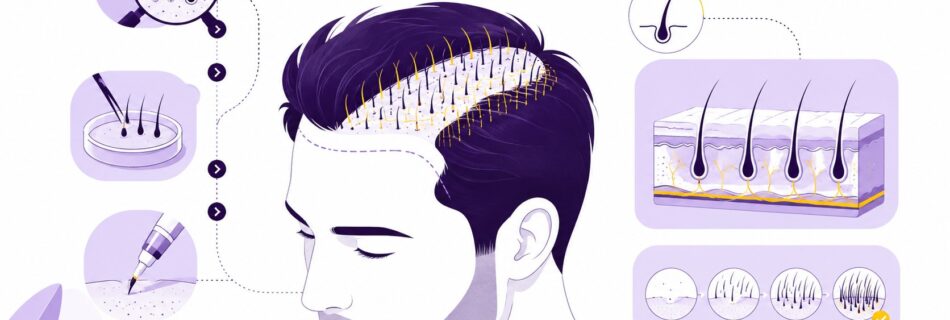 Illustration médicale éditoriale d’une greffe capillaire sur homme de profil, zone receveuse visible sur le dessus du crâne avec implantation de nombreux greffons, cheveux violets, repères jaunes sur les follicules implantés, schémas latéraux montrant l’analyse du cuir chevelu à la loupe, l’extraction de follicules à la pince, l’implantation avec stylet, coupe technique de la peau avec follicules pileux et vascularisation, puis progression de la repousse des cheveux, palette blanche violet lavande et jaune de DocteurCheveux, format horizontal 16:9, 2026.