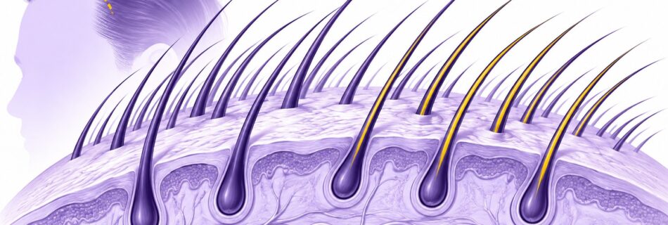 Maison Marignan / illustration éditoriale technique CHOI / coupe stylisée du cuir chevelu avec follicules pileux inclinés dans le même axe que les cheveux naturels, émergence oblique des tiges capillaires, alignement cohérent de l’angle et de la direction, mèches repérées en jaune parmi des cheveux violet foncé / 10 septembre 2026