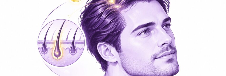 Illustration PRP capillaire, homme de profil aux cheveux violets, zone du cuir chevelu ciblée par un halo jaune, goutte de plasma jaune, coupe agrandie de la peau montrant plusieurs follicules pileux et un bulbe capillaire mis en évidence