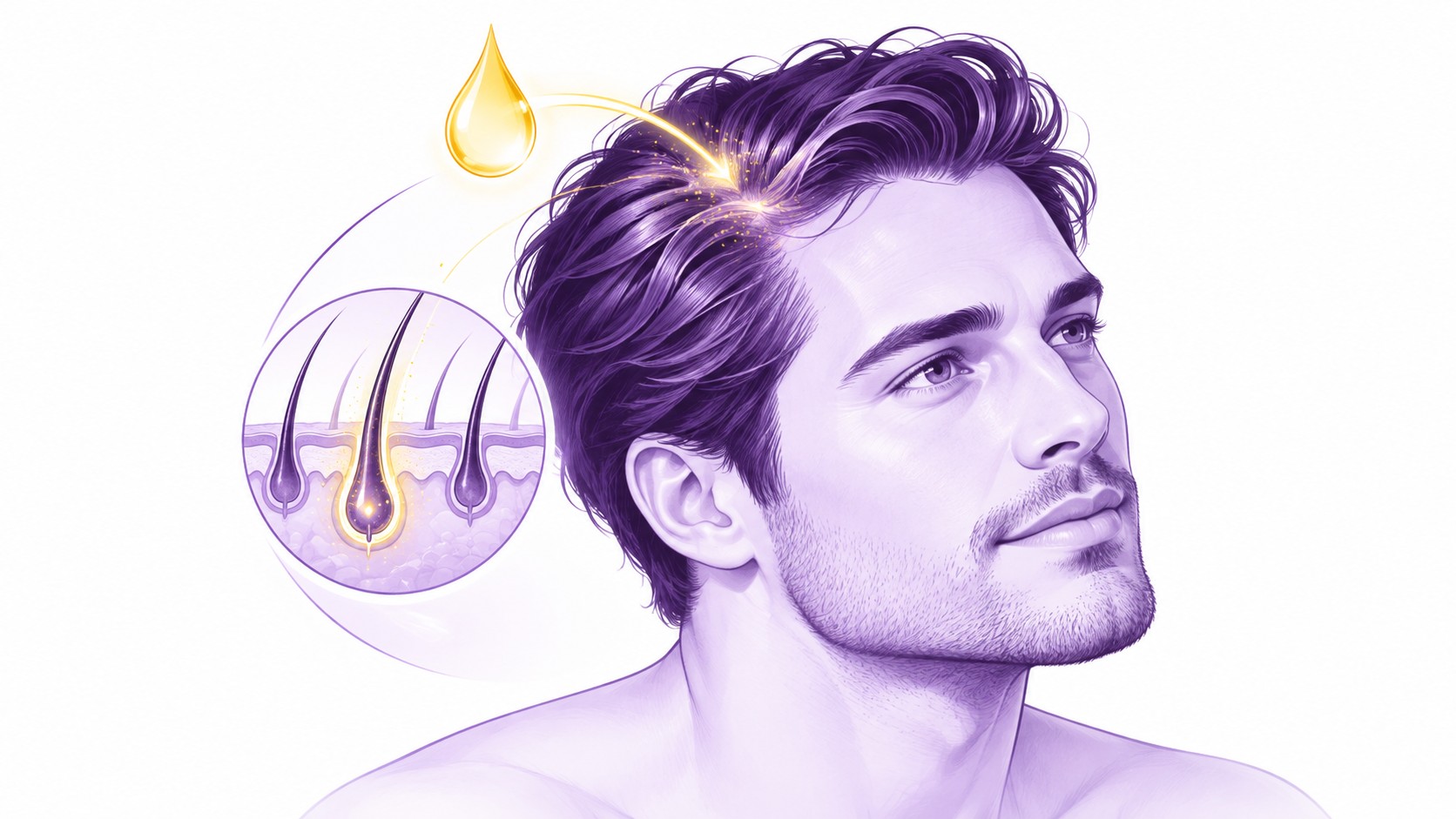 Illustration PRP capillaire, homme de profil aux cheveux violets, zone du cuir chevelu ciblée par un halo jaune, goutte de plasma jaune, coupe agrandie de la peau montrant plusieurs follicules pileux et un bulbe capillaire mis en évidence