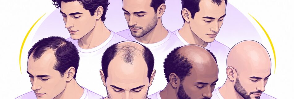 illustration éditoriale de sept hommes aux carnations et types de cheveux variés représentant les 7 stades de l’échelle de Norwood, avec recul progressif de la ligne frontale, creusement des golfes temporaux, éclaircissement du vertex puis calvitie masculine avancée, dessin semi-réaliste violet et jaune sur fond blanc