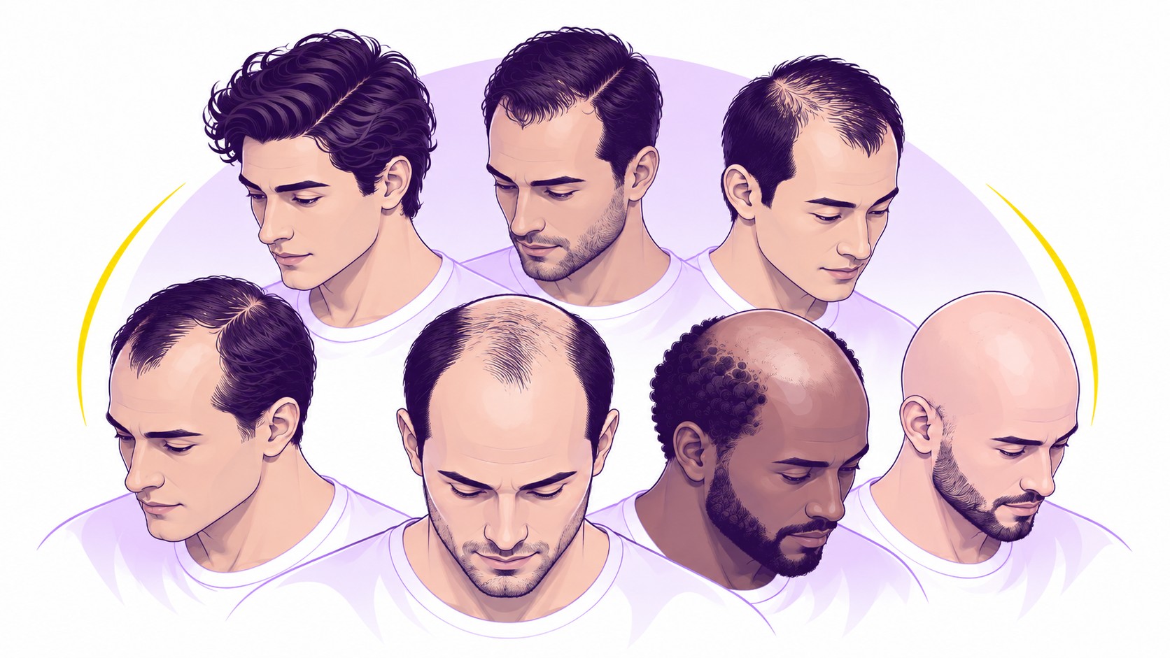 illustration éditoriale de sept hommes aux carnations et types de cheveux variés représentant les 7 stades de l’échelle de Norwood, avec recul progressif de la ligne frontale, creusement des golfes temporaux, éclaircissement du vertex puis calvitie masculine avancée, dessin semi-réaliste violet et jaune sur fond blanc